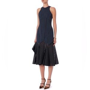 $1290‎ Rare JONATHAN SIMKHAI Navy Blk Scuba Eyelet Drop Waist Trumpet Midi Dress